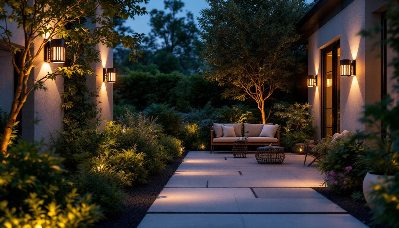 A photograph of a beautifully designed outdoor space illuminated by stylish solar sconces
