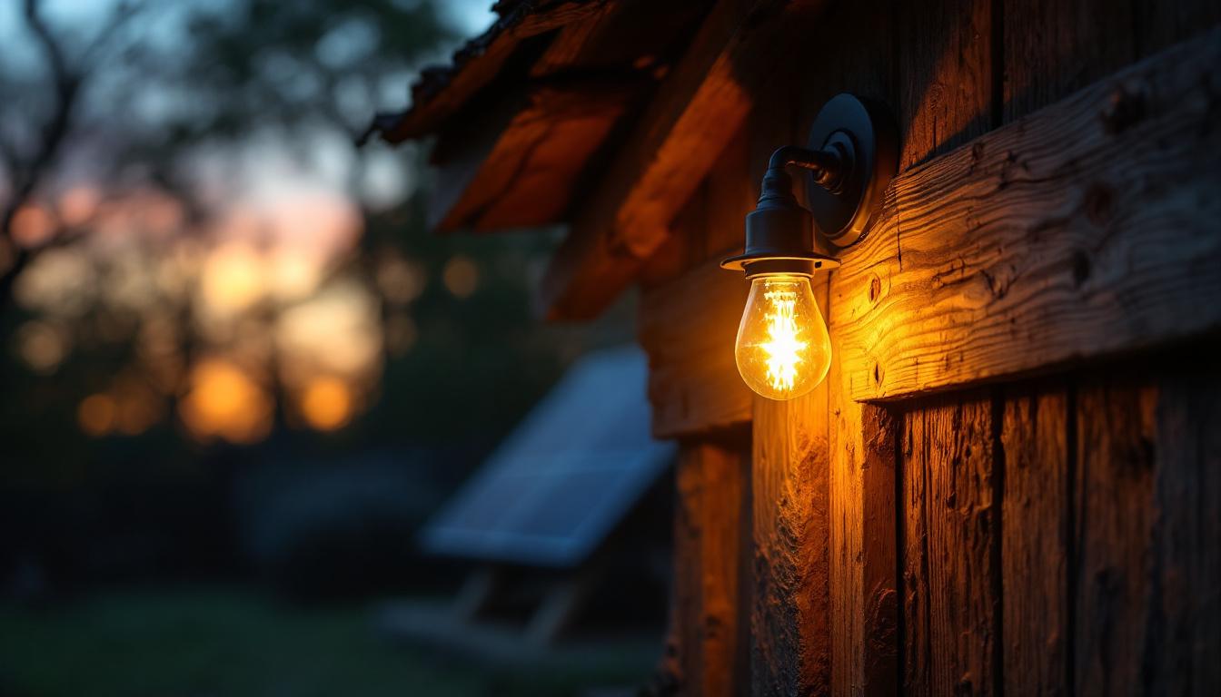 A photograph of a solar-powered light installed in a rustic shed