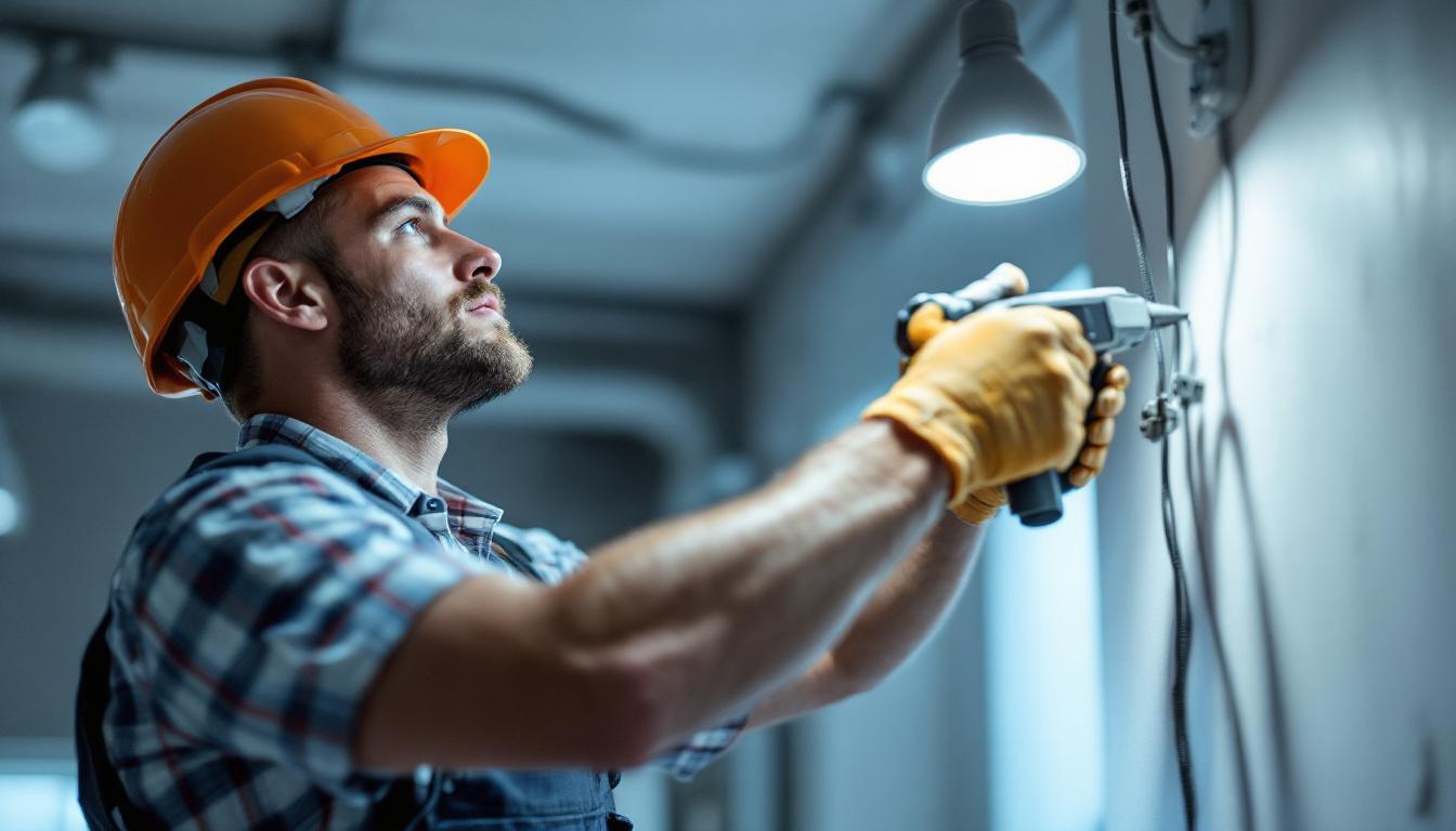 A photograph of a skilled electrician using advanced tools and equipment to install or adjust lighting fixtures in a well-lit environment
