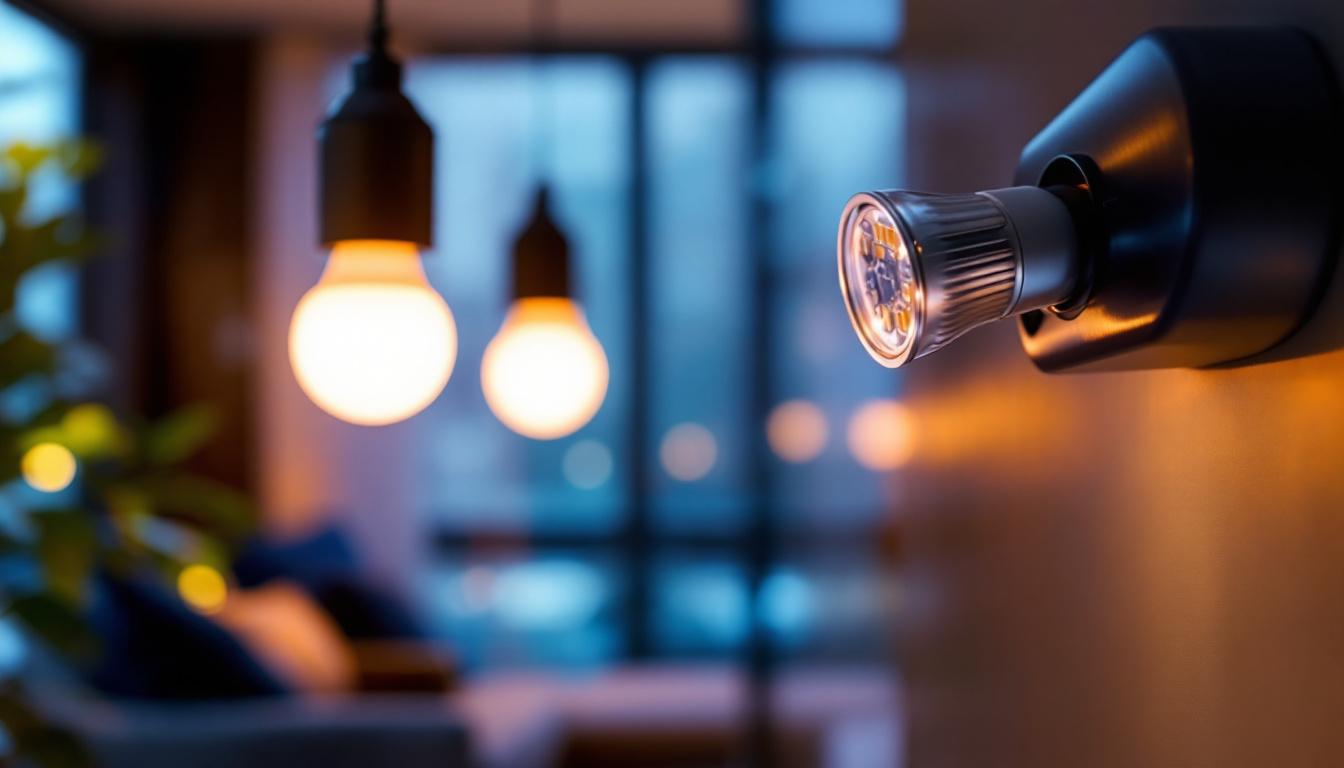 A photograph of a close-up of a gu24 base led light bulb installed in a modern fixture