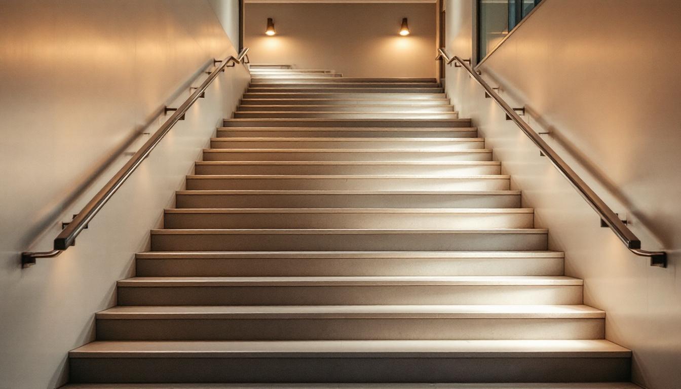A photograph of a well-lit stairway featuring stylish and functional lighting fixtures that highlight the steps and enhance safety