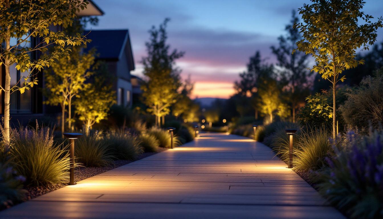 A photograph of capture a photograph of a beautifully illuminated outdoor walkway lined with stylish solar lights
