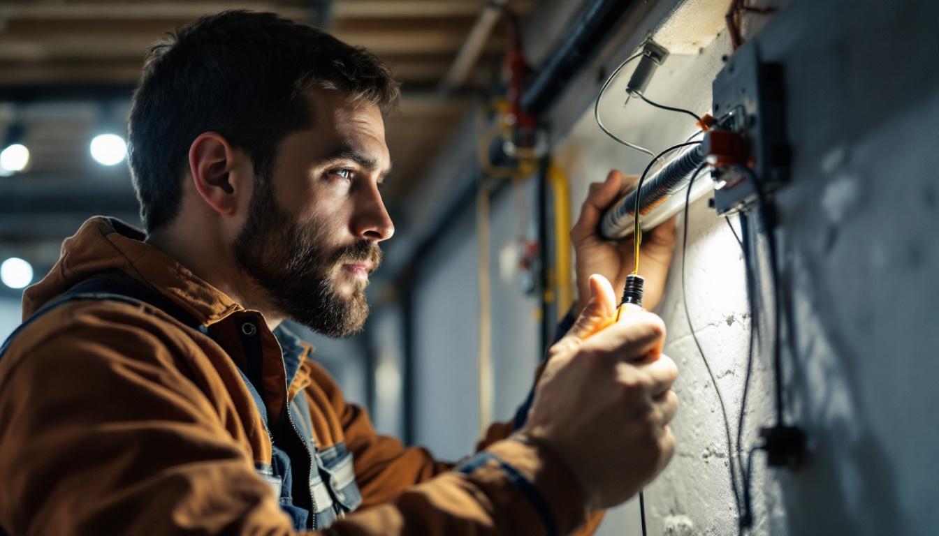 A photograph of a skilled electrician expertly installing a pull string in a conduit