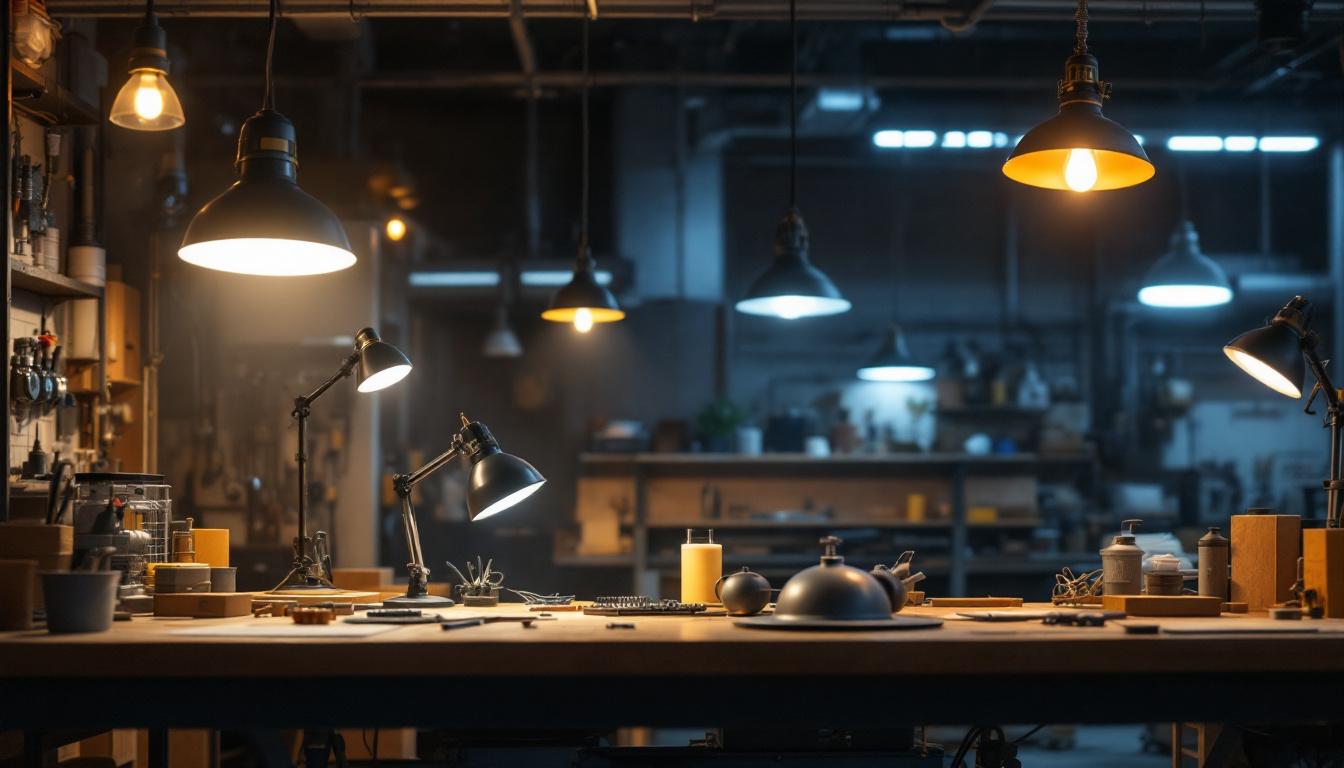 A photograph of a well-lit workshop or industrial space showcasing various types of shop lights in use