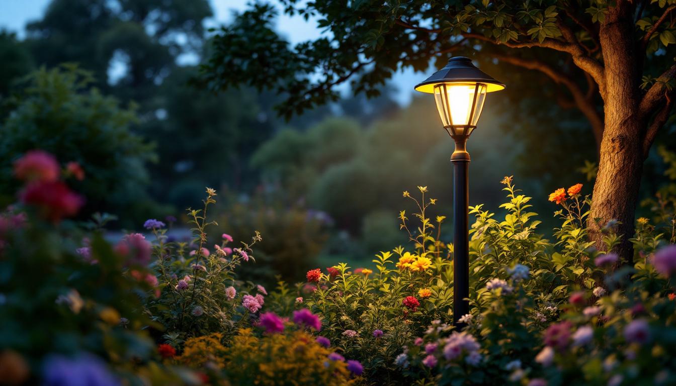 A photograph of a beautifully designed solar garden lamp post illuminating a vibrant garden at dusk