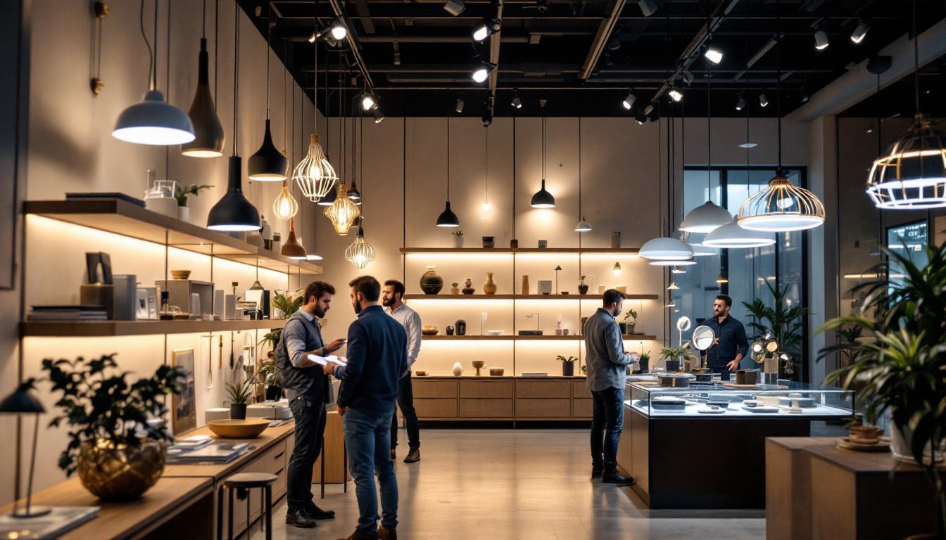 A photograph of a stylish retail space showcasing a variety of innovative lighting fixtures