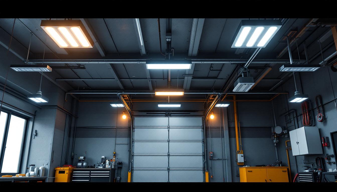 A photograph of a well-lit garage interior showcasing various overhead lighting options