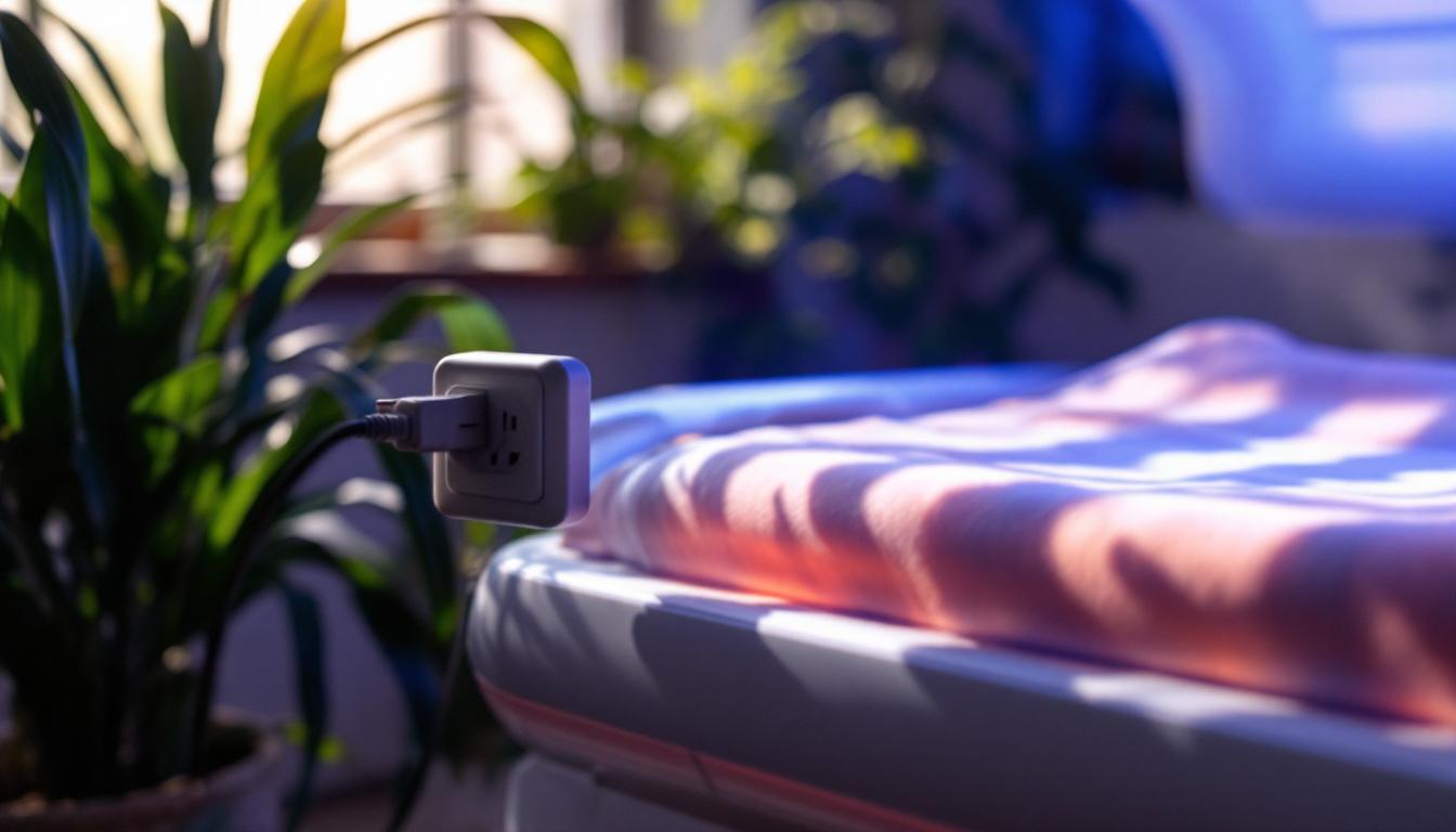 A photograph of a tanning bed with its electrical plug prominently displayed