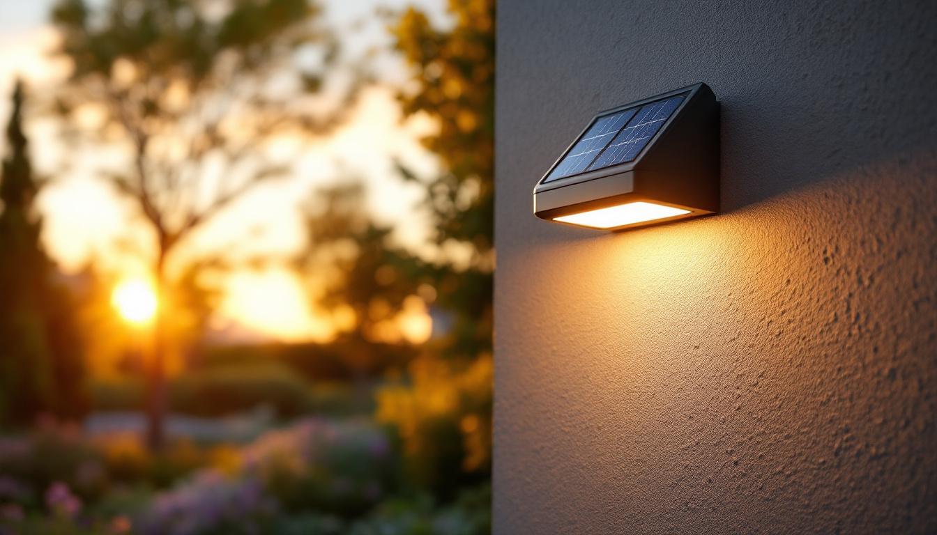 A photograph of a solar-powered led wall light installed in a beautifully landscaped outdoor setting during the golden hour