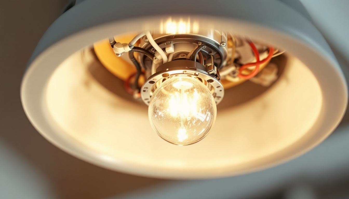 A photograph of a close-up view of a light fixture with its ballast exposed