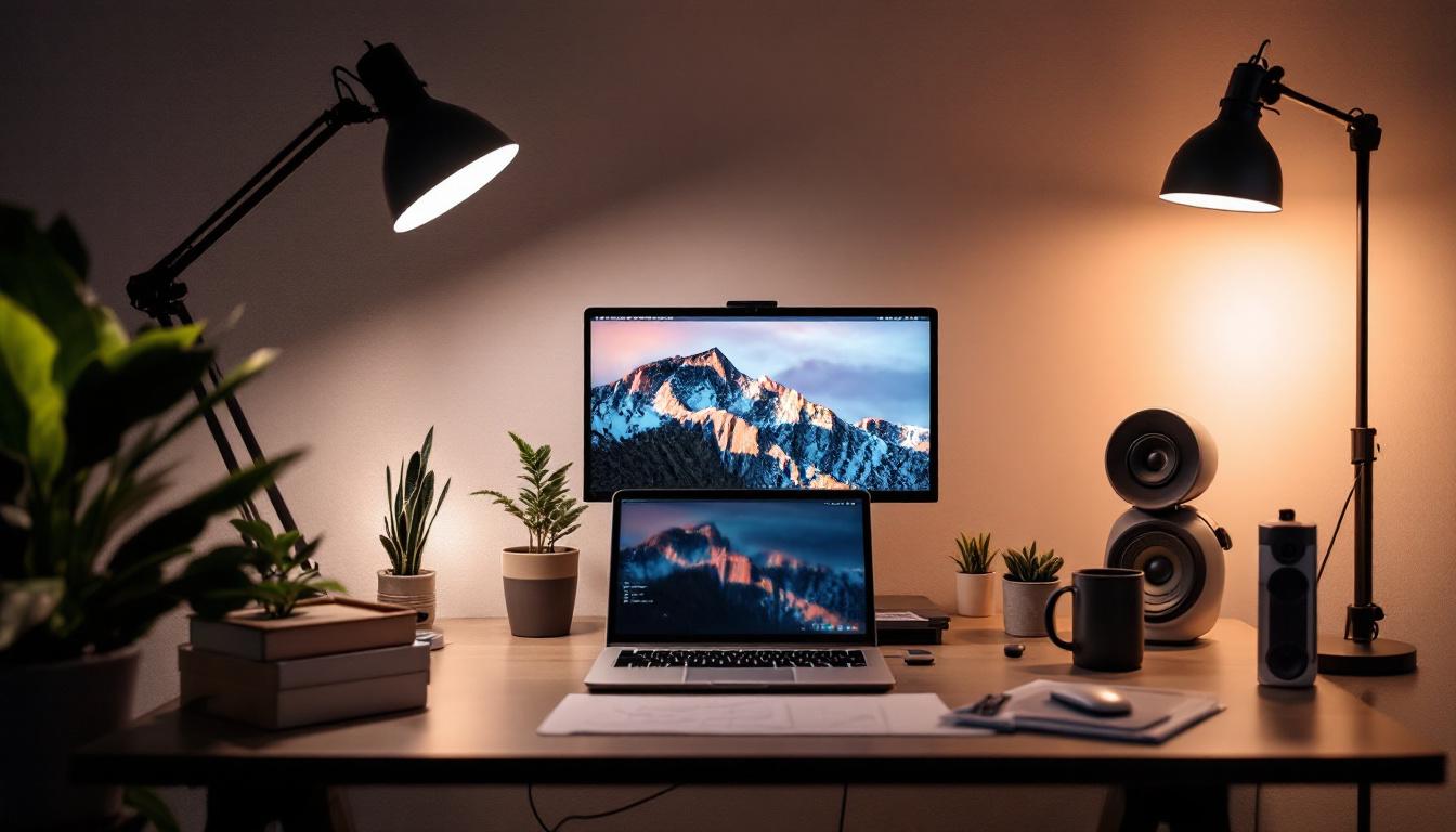 A photograph of a stylish laptop setup in a well-lit workspace