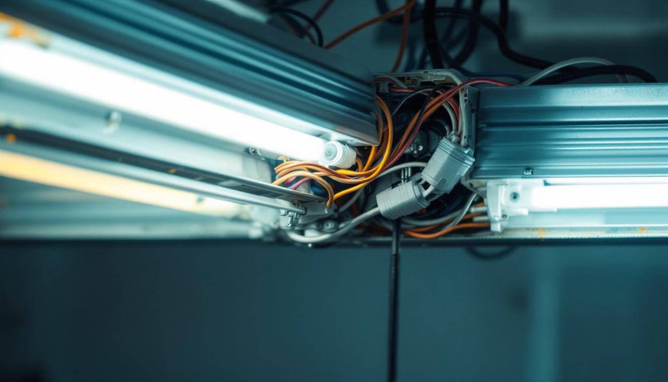 A photograph of a close-up of a fluorescent light fixture with its ballast exposed