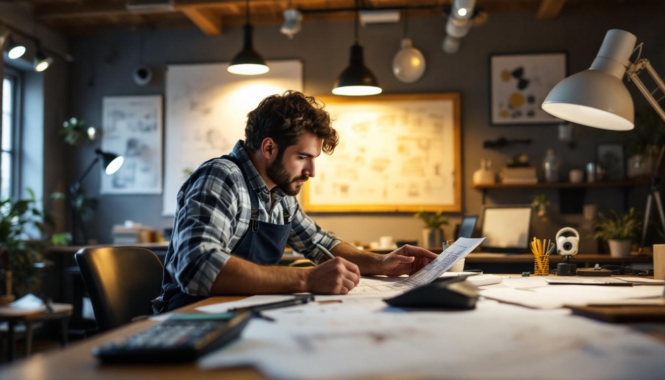 A photograph of a well-lit workspace featuring an electrical engineer calculating lighting designs