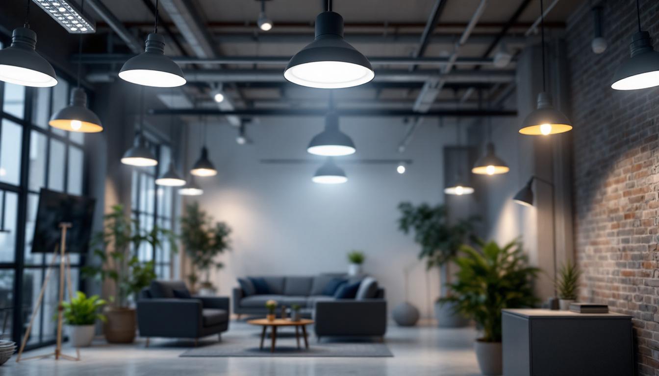 A photograph of a well-lit commercial space showcasing various lighting fixtures from display supply & lighting inc