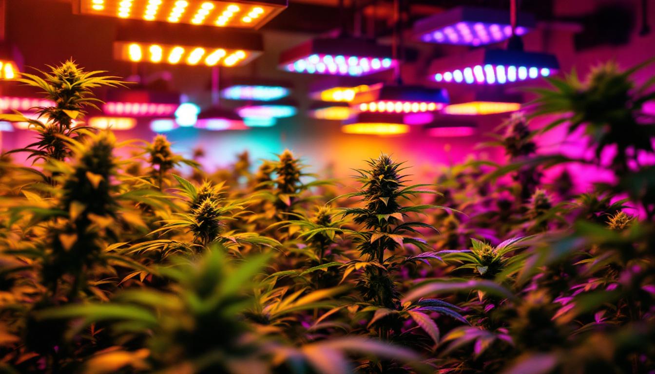 A photograph of a vibrant indoor grow space illuminated by various led weed grow lights