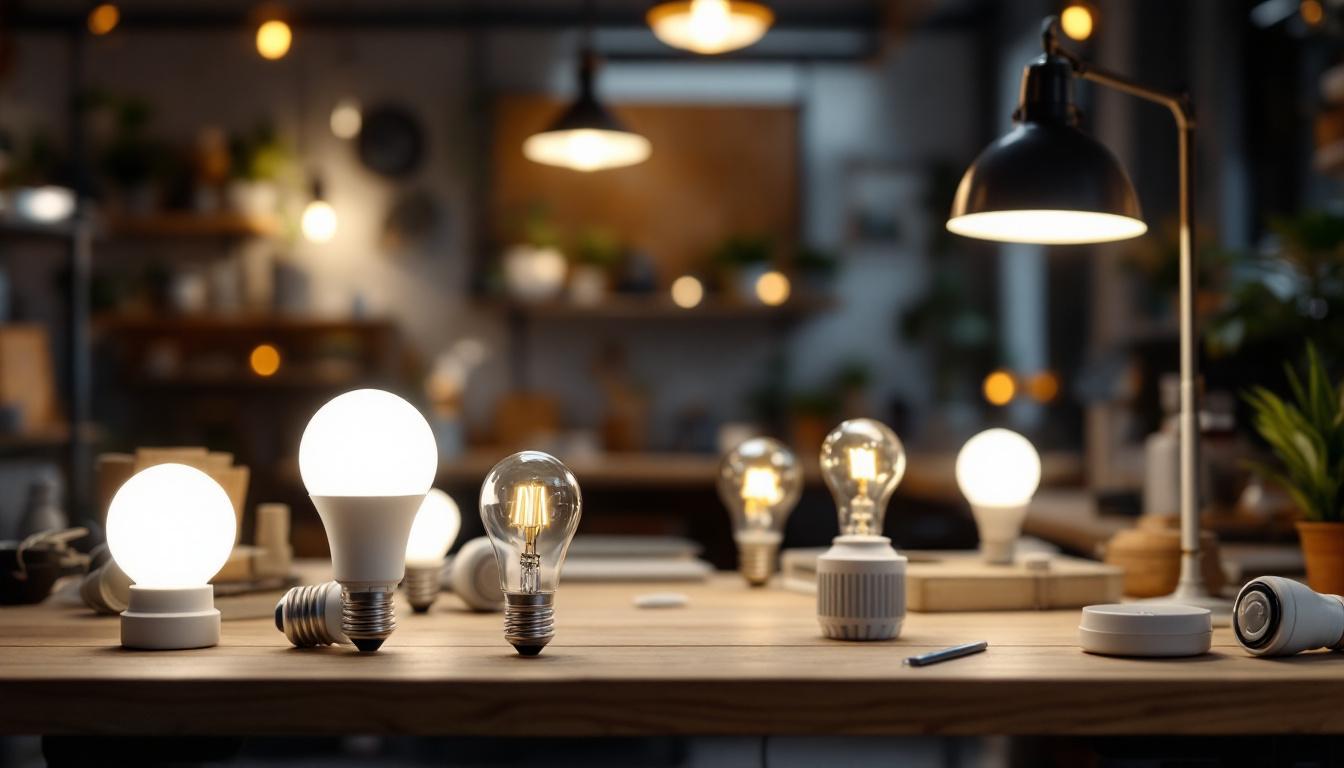 A photograph of a modern workspace featuring various led shop light bulbs in use