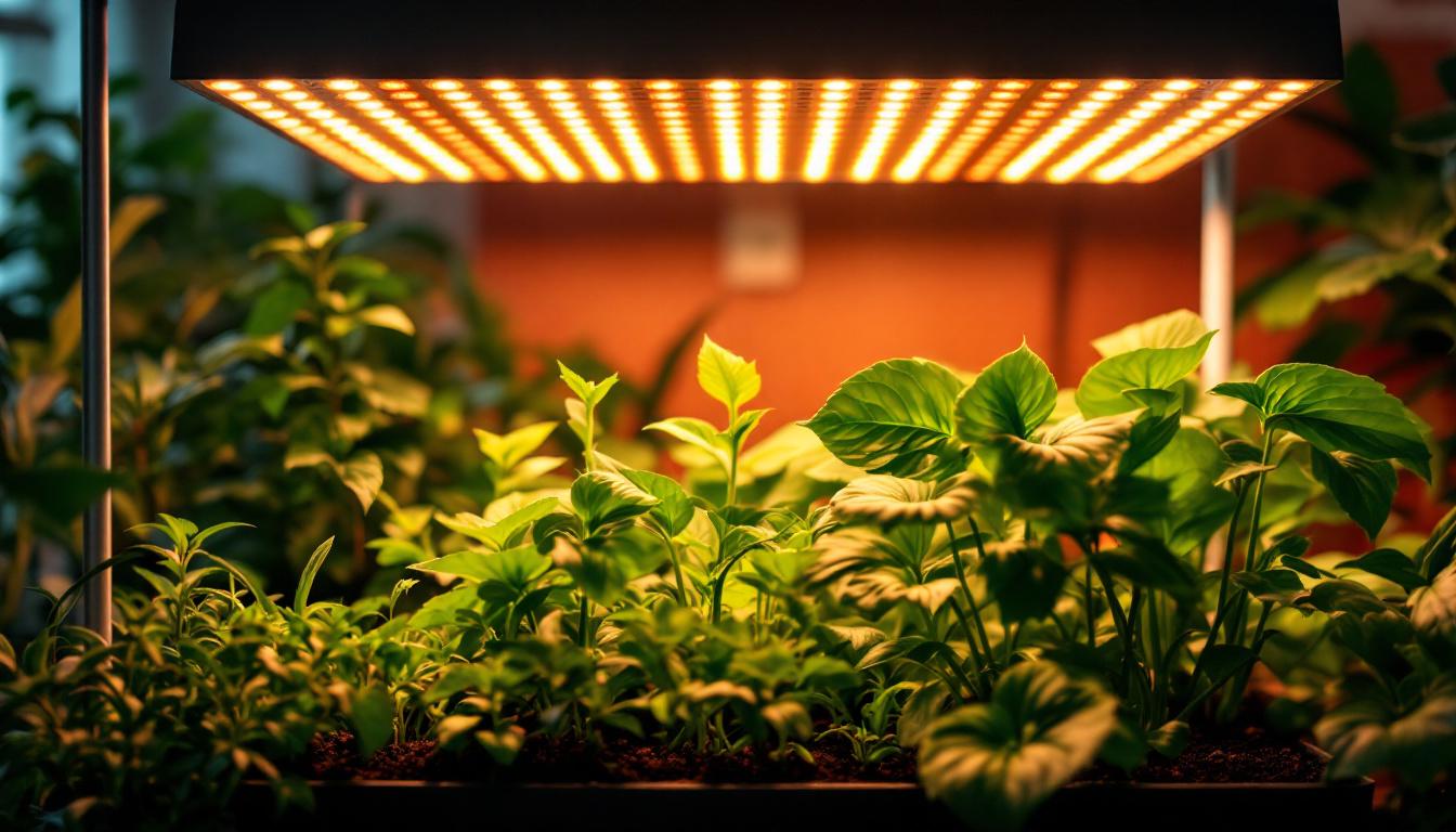 A photograph of a well-lit indoor gardening setup featuring vibrant green plants under energy-efficient led grow lights