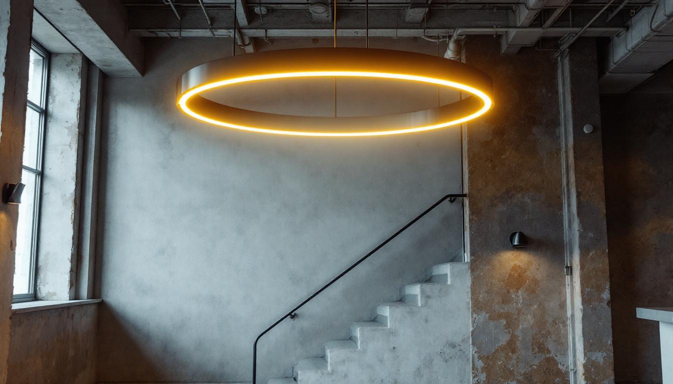 A photograph of a stylishly designed interior space featuring a striking high-end ceiling light that embodies both industrial and commercial aesthetics