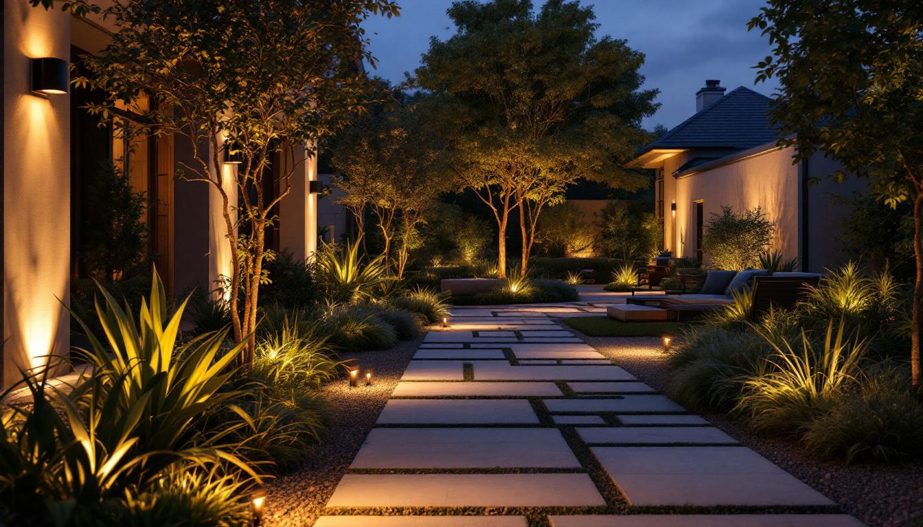 A photograph of a beautifully illuminated outdoor space showcasing innovative landscape lighting designs