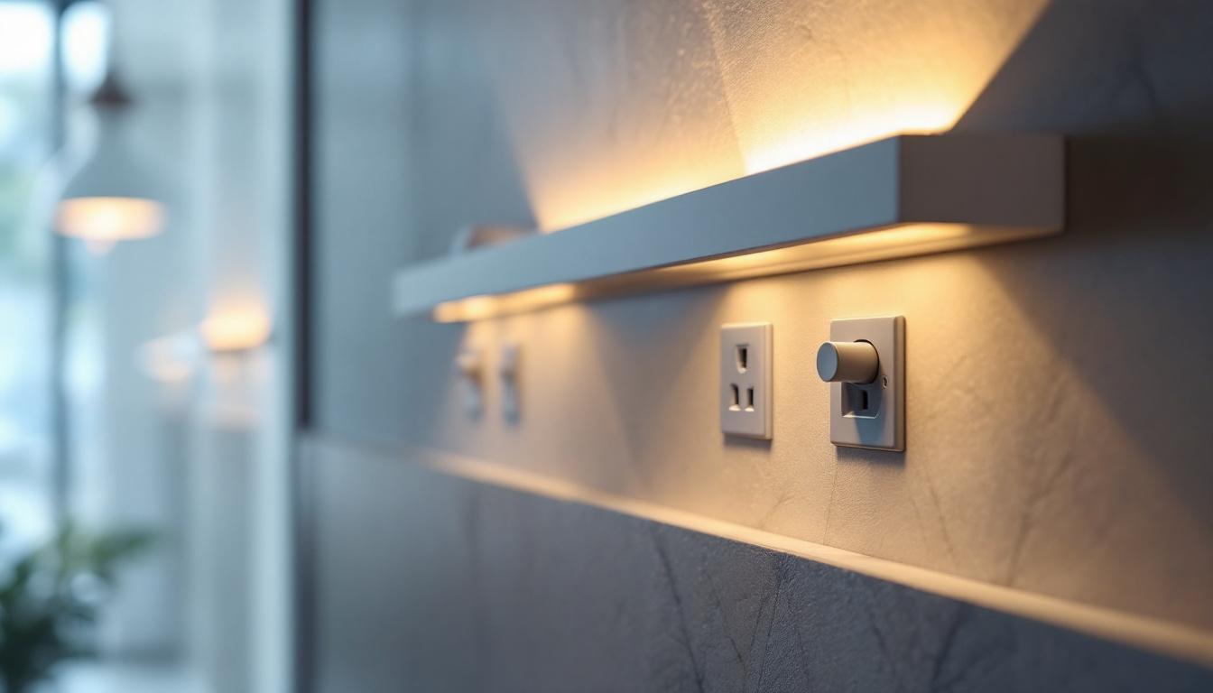 A photograph of a modern interior space showcasing horizontal electrical outlets integrated into stylish lighting fixtures