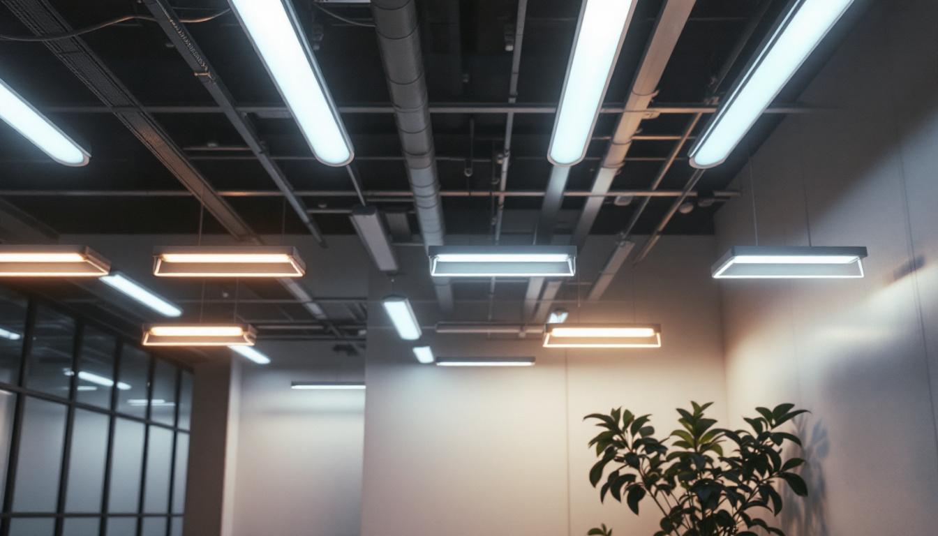 A photograph of a well-lit room featuring various fluorescent led light fixtures in use