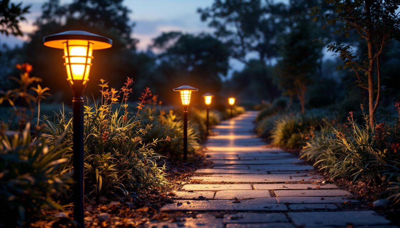 A photograph of a beautifully illuminated pathway featuring solar led lights at dusk