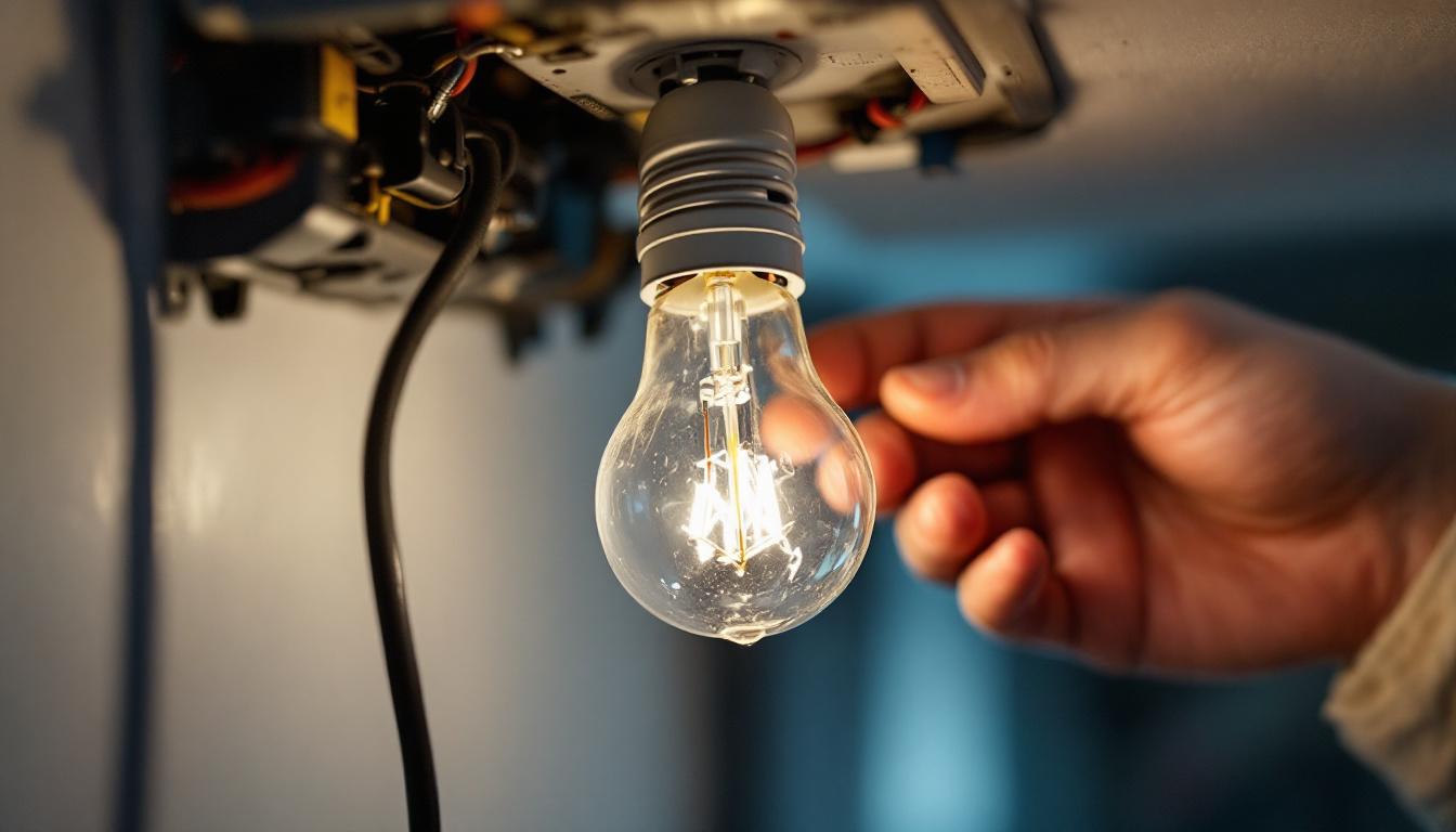 A photograph of a close-up of a light bulb being inspected or replaced in a residential setting
