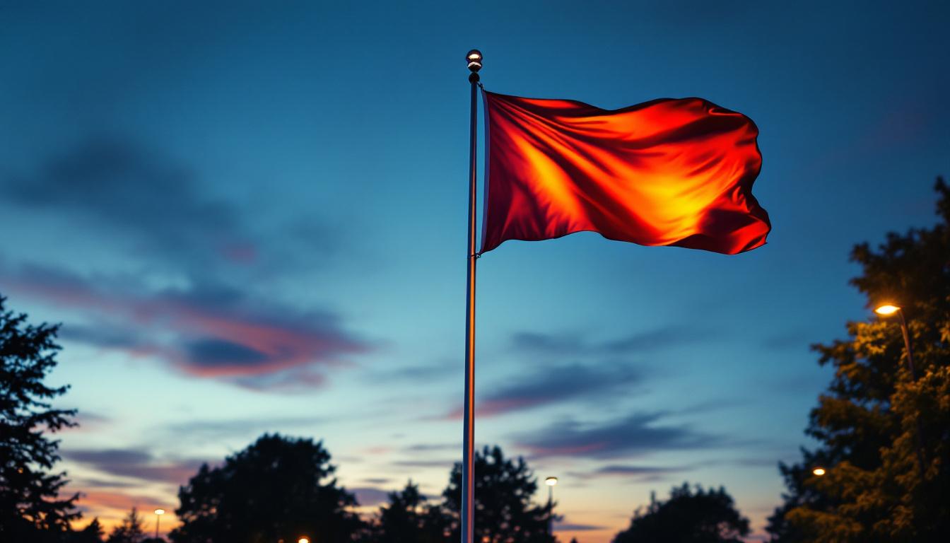 A photograph of a well-lit commercial flag pole at dusk