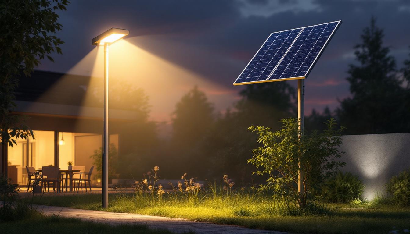 A photograph of a solar panel floodlight installation in an outdoor setting during twilight