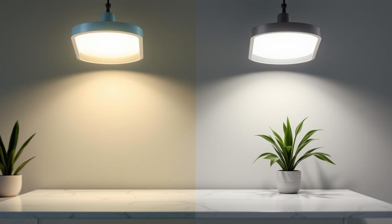 A photograph of a side-by-side comparison of a 400-watt metal halide fixture and its led replacement in a well-lit environment