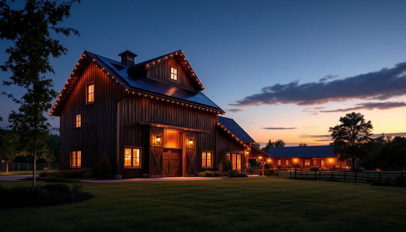 A photograph of a beautifully illuminated barn at dusk