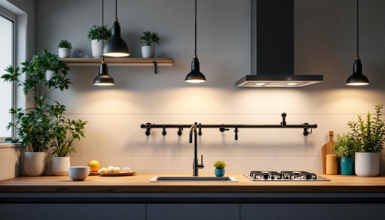 A photograph of a well-lit kitchen featuring a variety of can lights with different types of light bulbs installed
