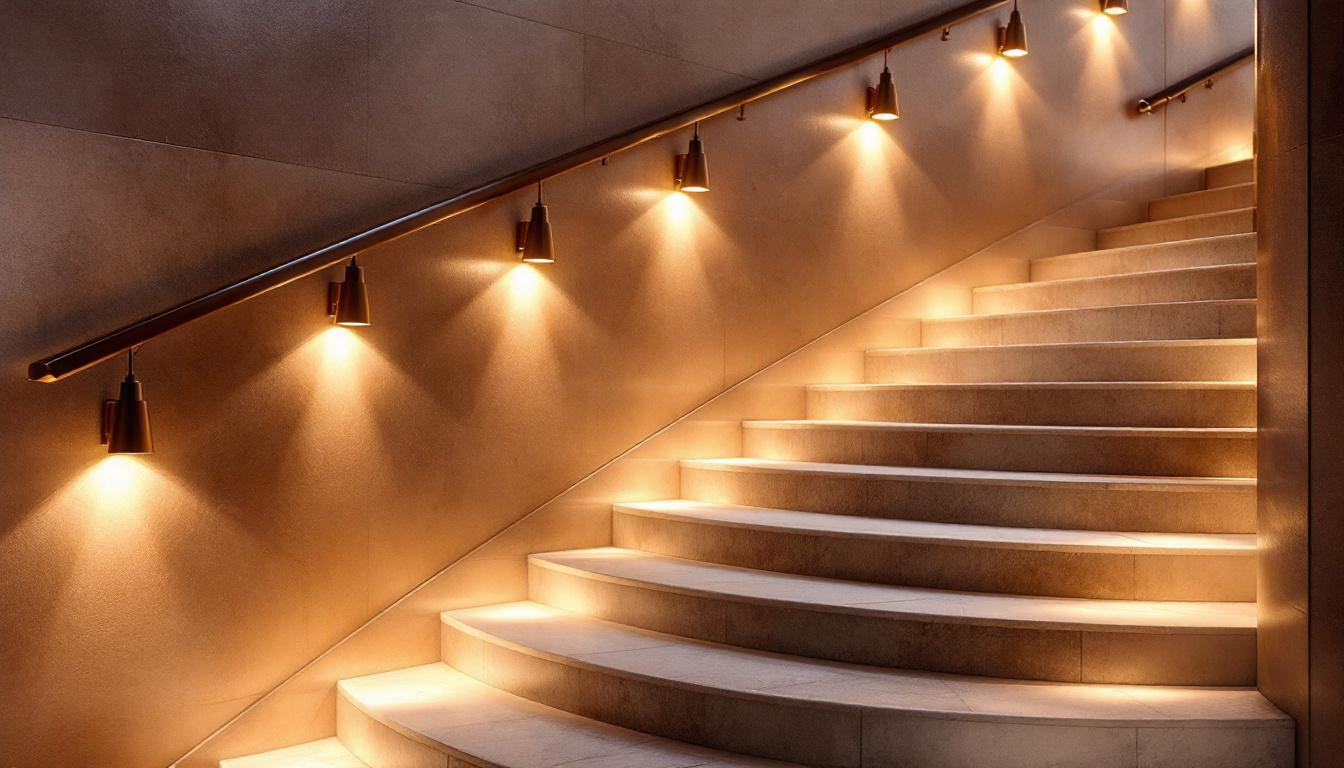 A photograph of a beautifully designed staircase illuminated by stylish staircase lights