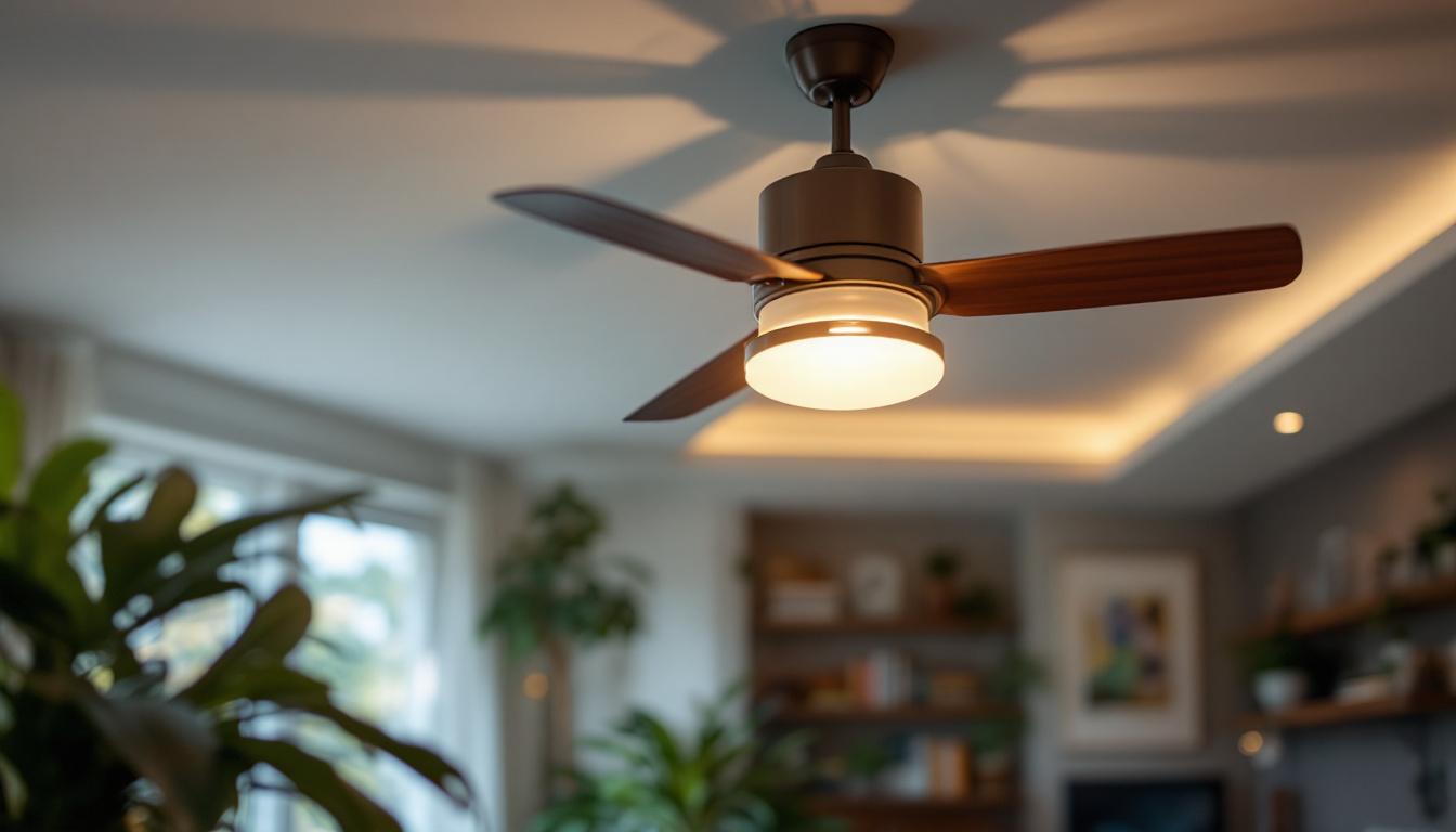 A photograph of a stylish ceiling fan with an integrated light fixture installed in a well-lit