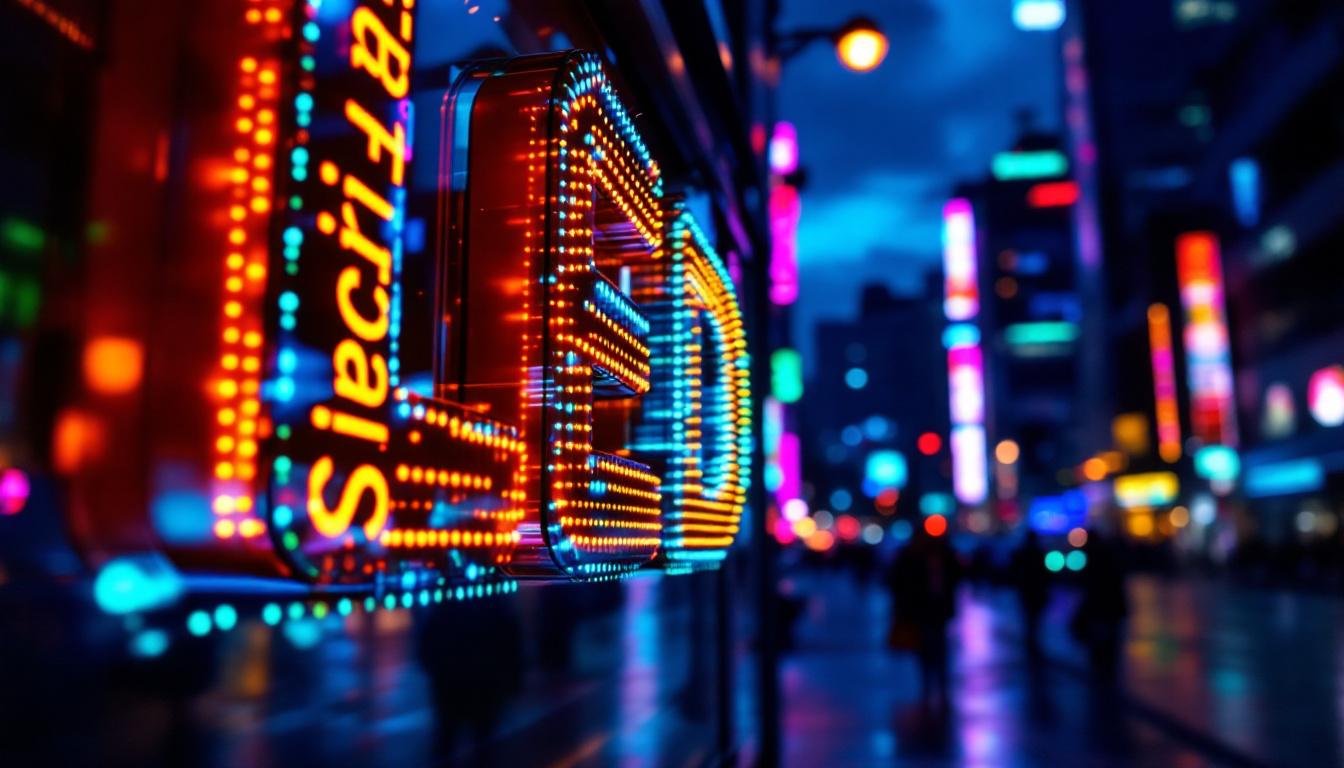 A photograph of a vibrant led-lit sign in an urban environment at dusk