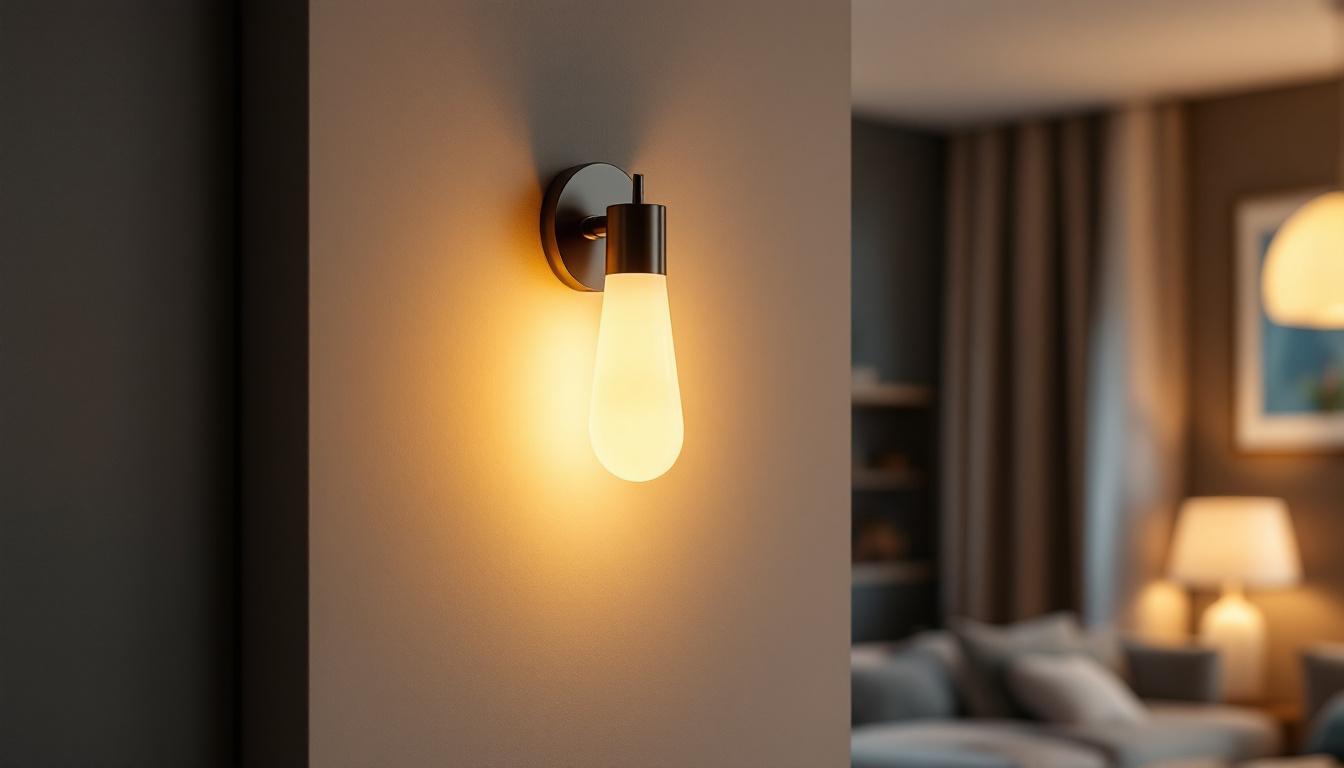 A photograph of a stylish and modern wall sconce light fixture installed in a cozy living space