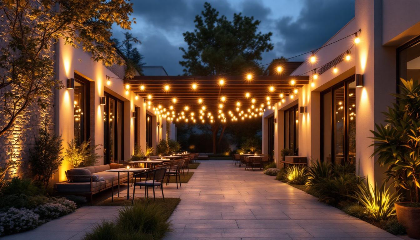 A photograph of a beautifully illuminated outdoor space featuring modern white outdoor lights