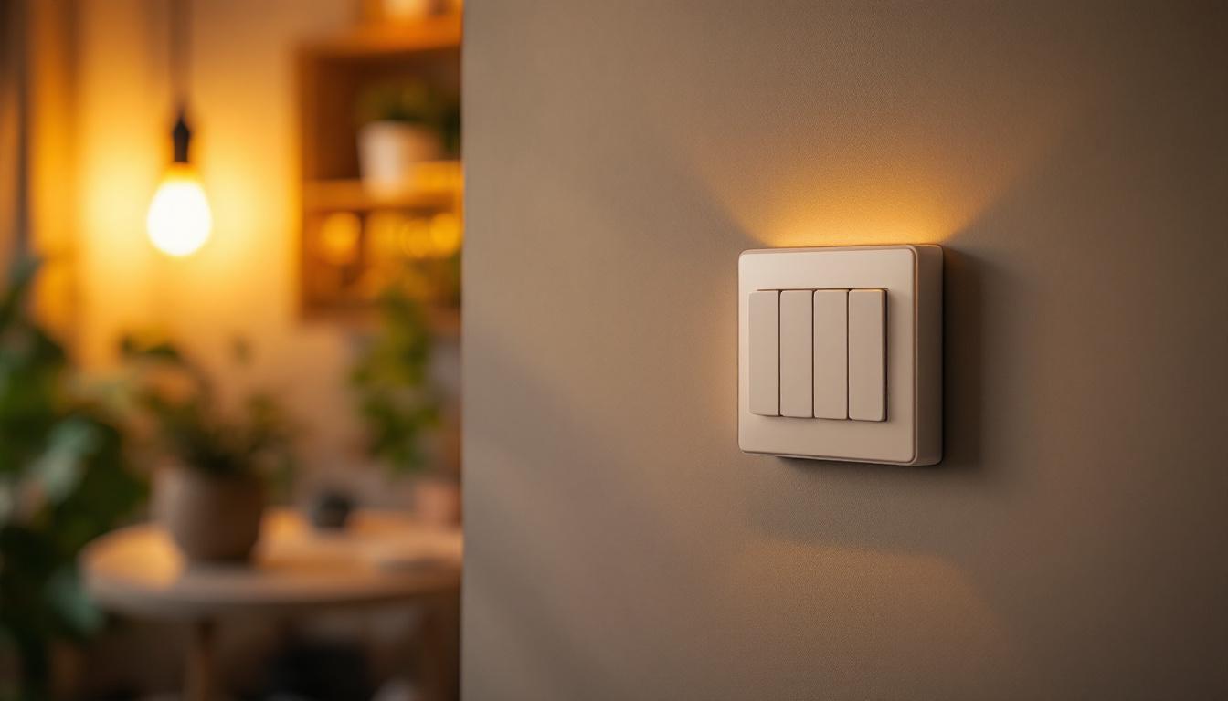A photograph of a stylishly designed 4-way led dimmer switch installed in a modern home setting