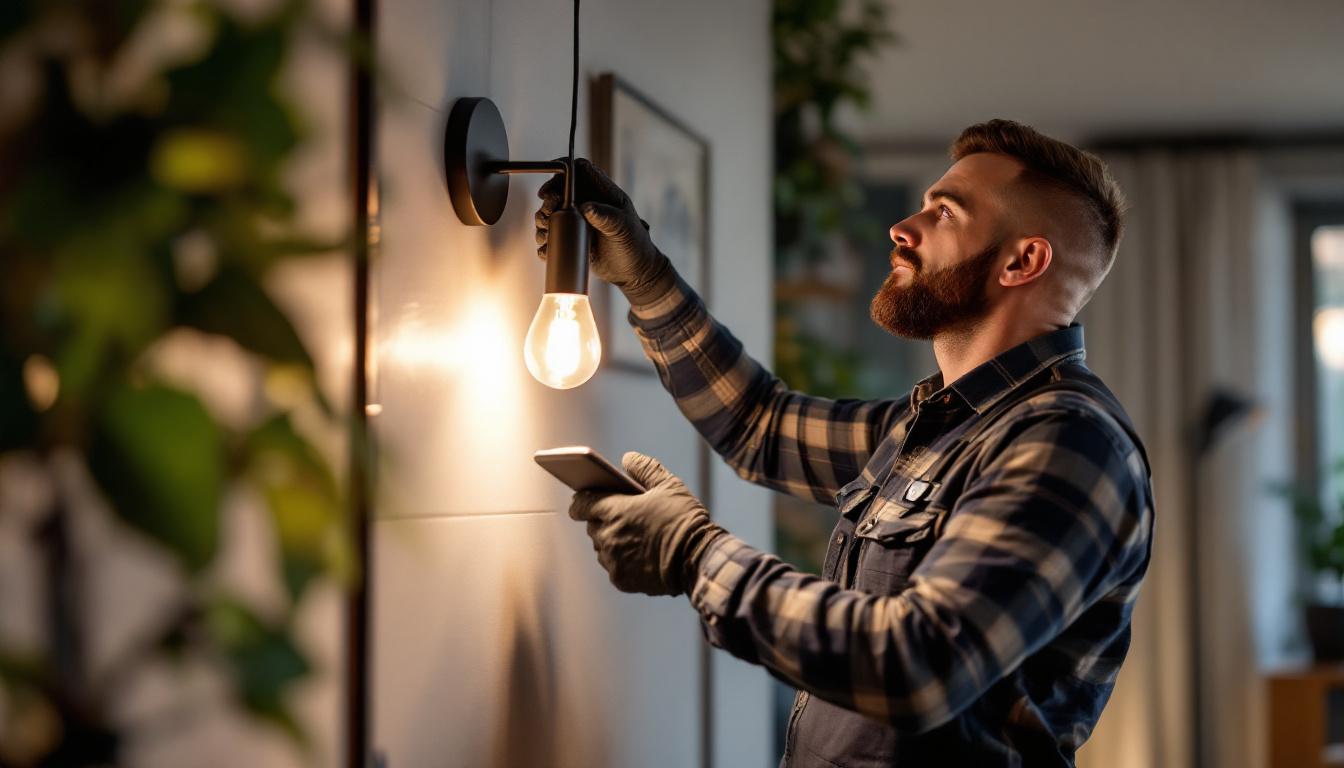 A photograph of a skilled electrical engineer installing a modern retrofit light fixture in a stylish interior space