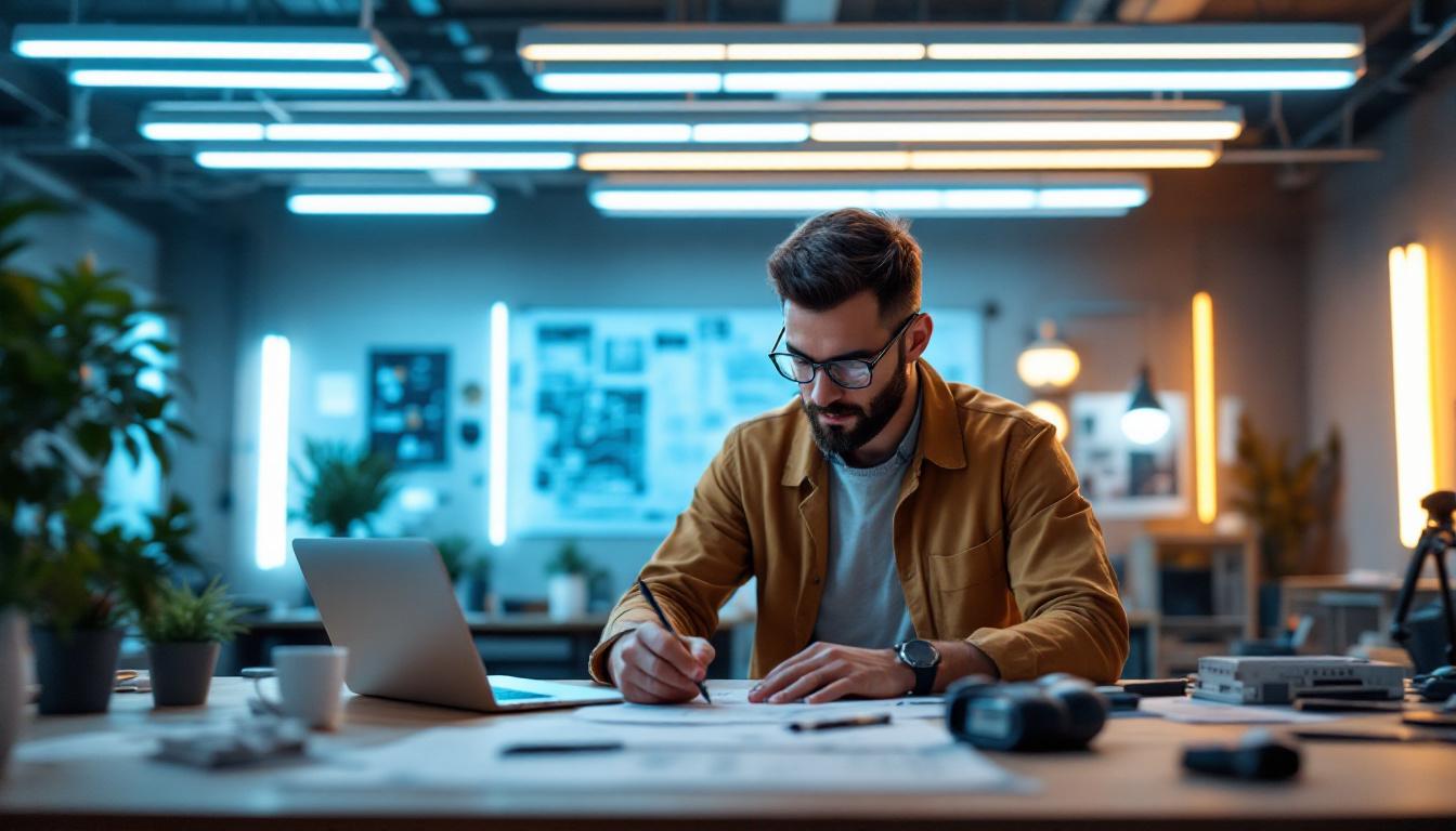 A photograph of a modern workspace featuring an electrical engineer analyzing fluorescent lighting designs
