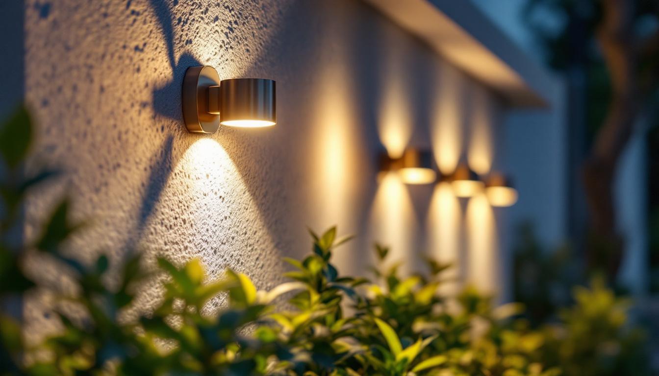 A photograph of a well-designed outdoor lighting installation in a residential or commercial setting