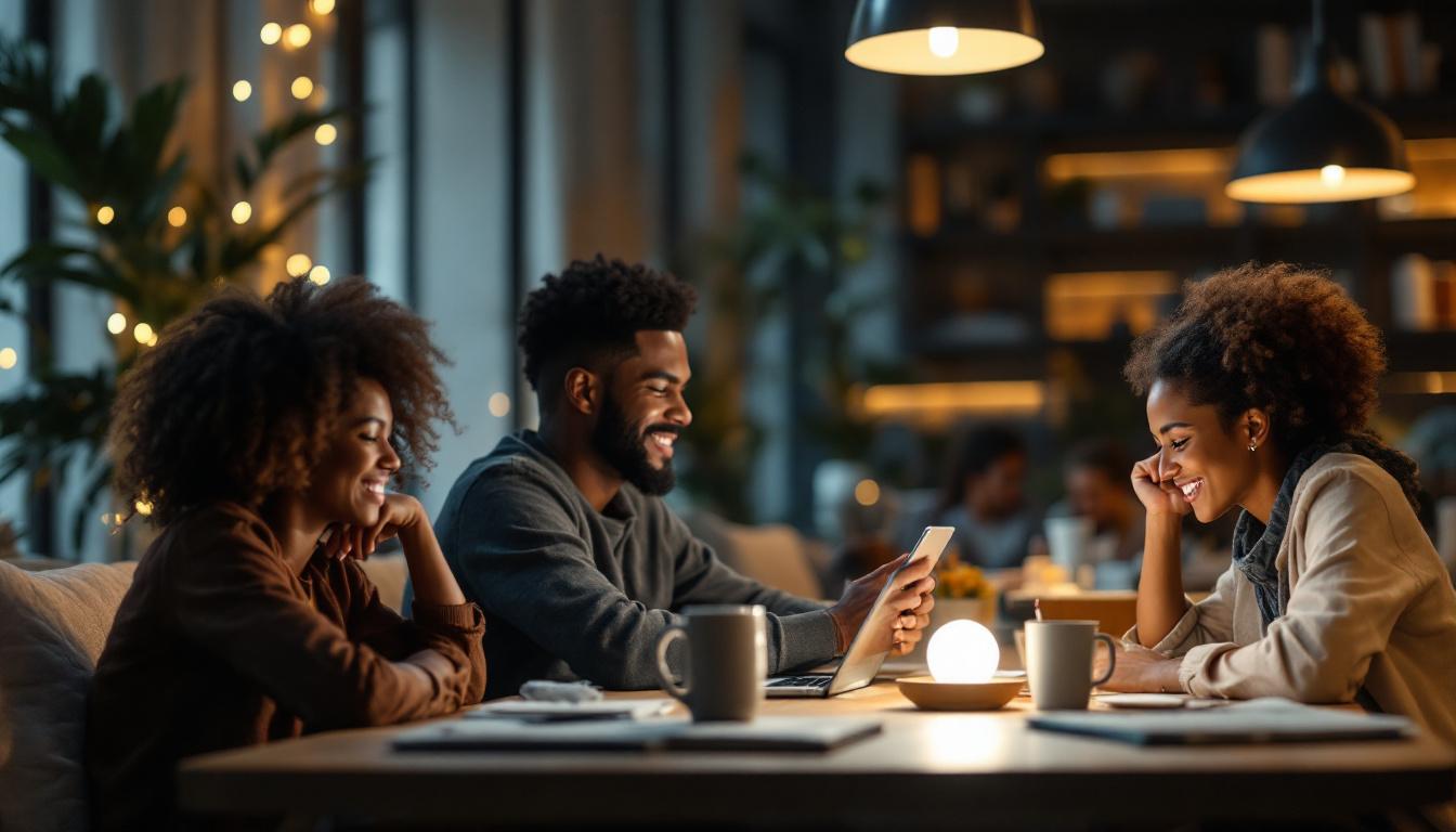 A photograph of a diverse group of individuals engaged in various activities under energy-efficient lighting