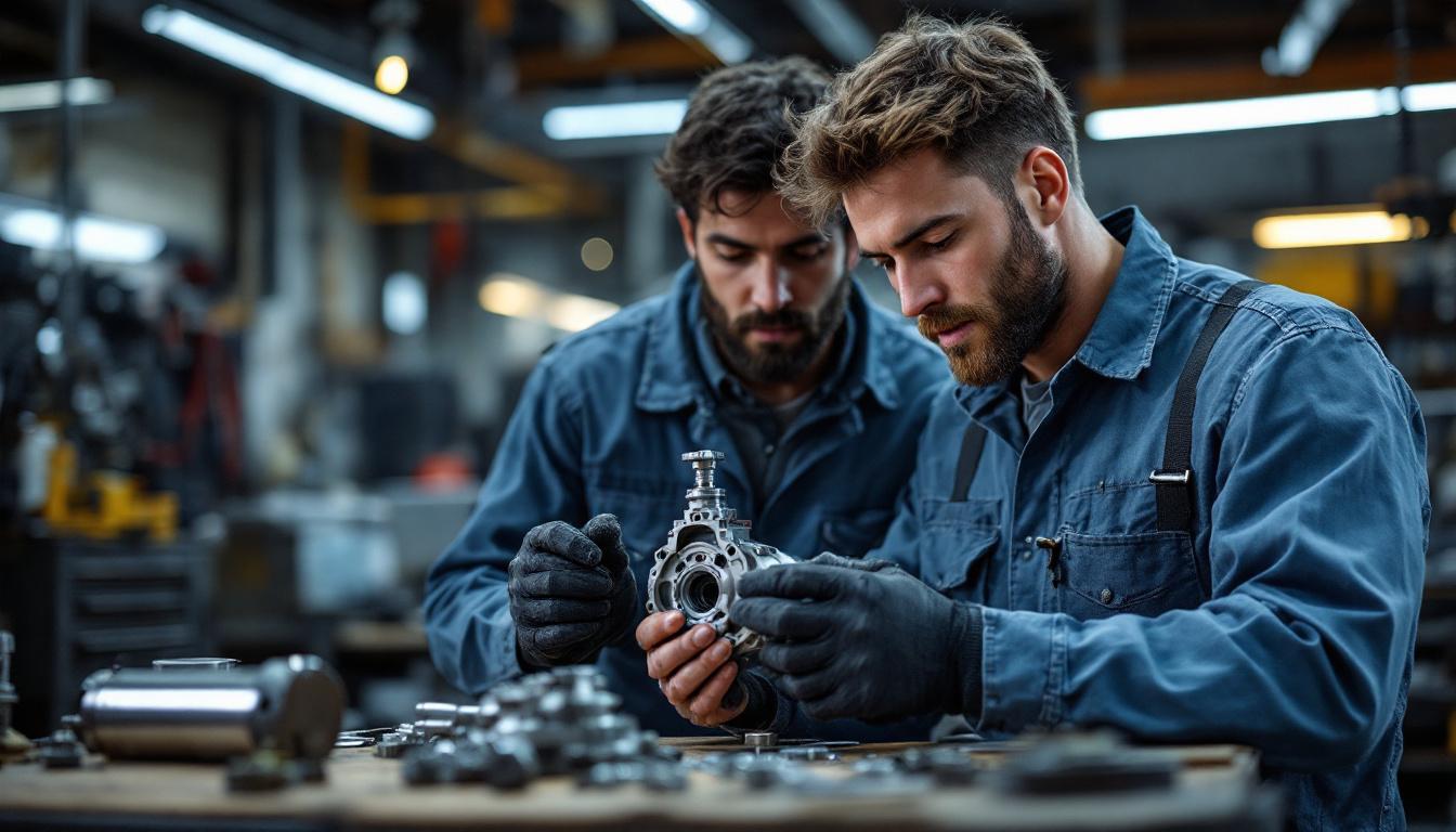 A photograph of a skilled engineer examining a detailed metal component in a workshop