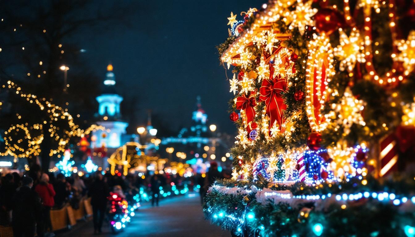 A photograph of a beautifully illuminated parade float adorned with festive decorations