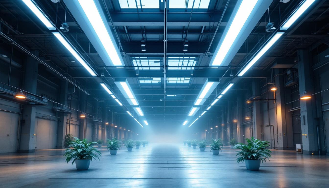 A photograph of a large-scale lighting installation featuring both t5 and t8 bulbs in a commercial or industrial setting