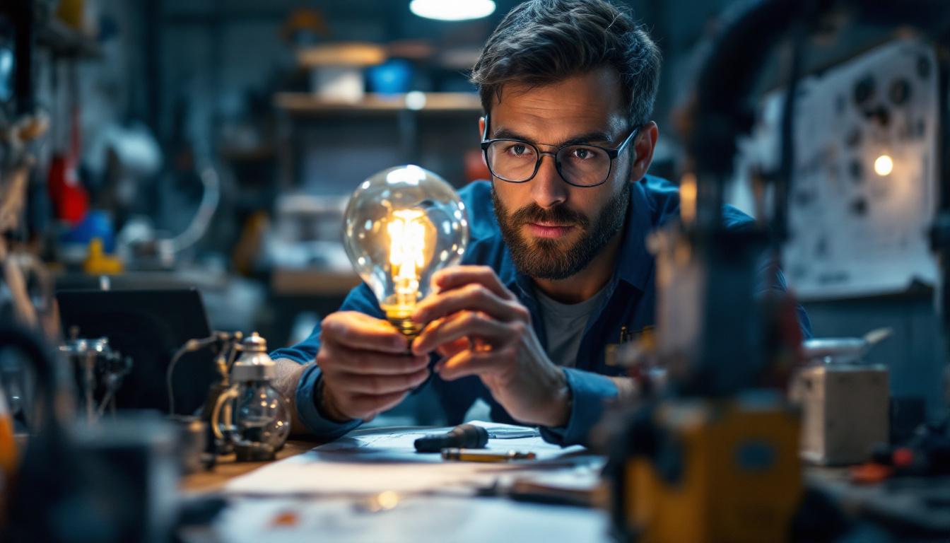 A photograph of an electrical engineer examining a type g bulb in a well-lit workshop