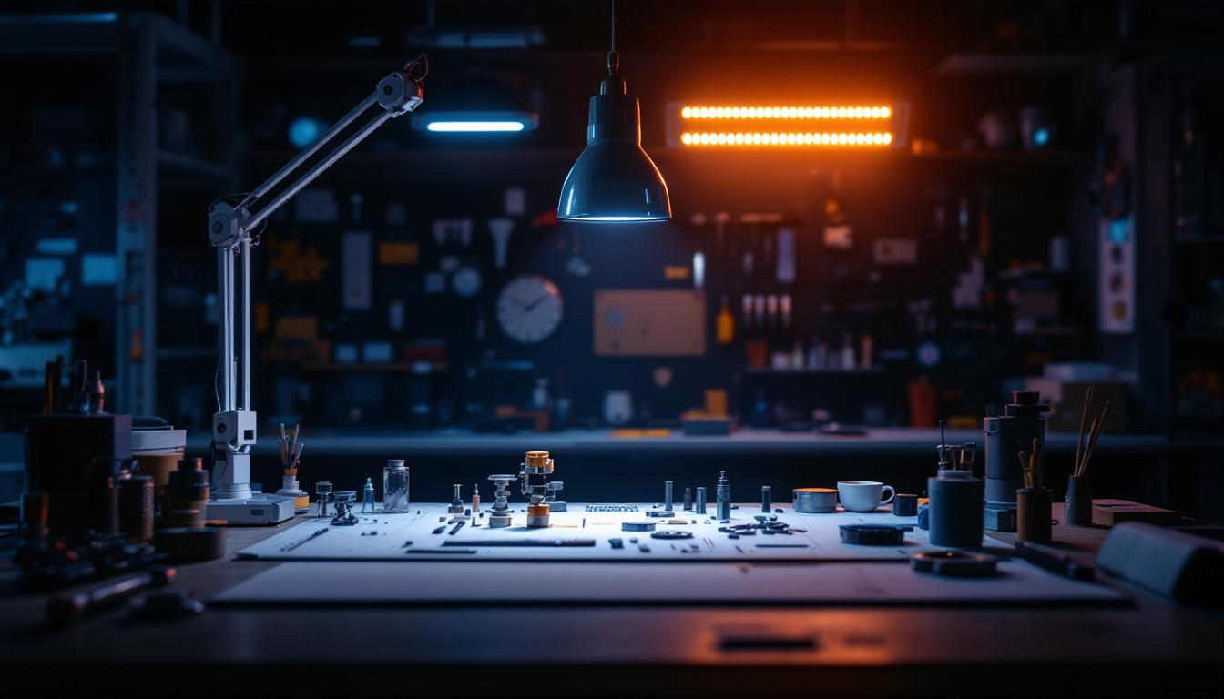 A photograph of a well-lit engineering workspace showcasing various light sources