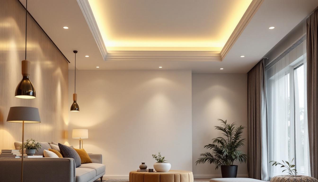 A photograph of a stylishly designed room featuring various types of in-ceiling lighting fixtures