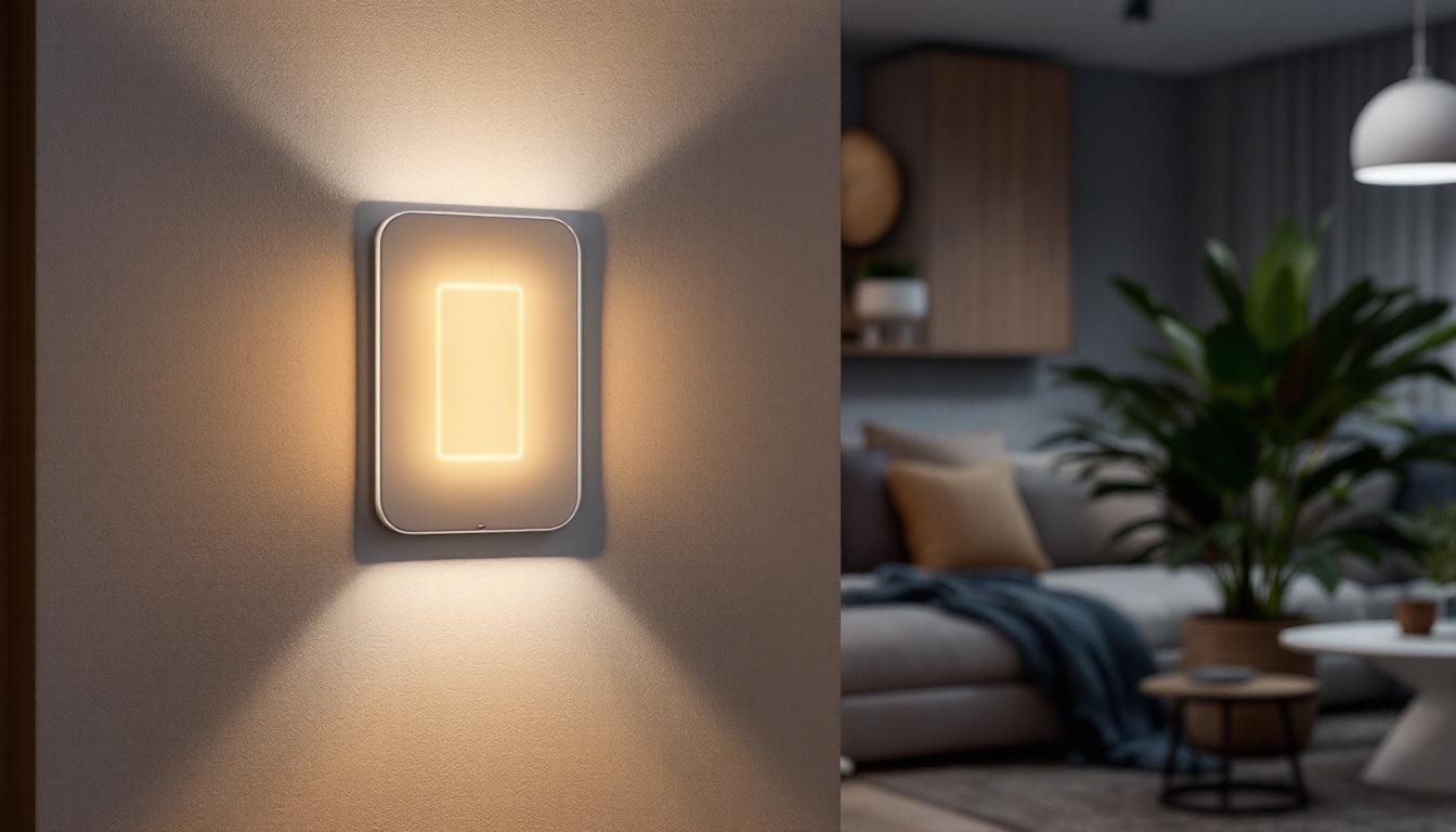 A photograph of a modern smart light switch installed in a stylish home setting
