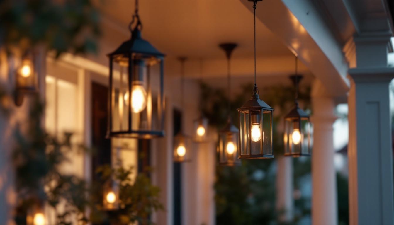 A photograph of a beautifully designed porch featuring an array of stylish hanging lanterns